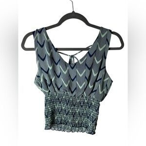 Papaya Women’s Smocked Crop Top Medium Blue Green Chevron Print Sleeveless